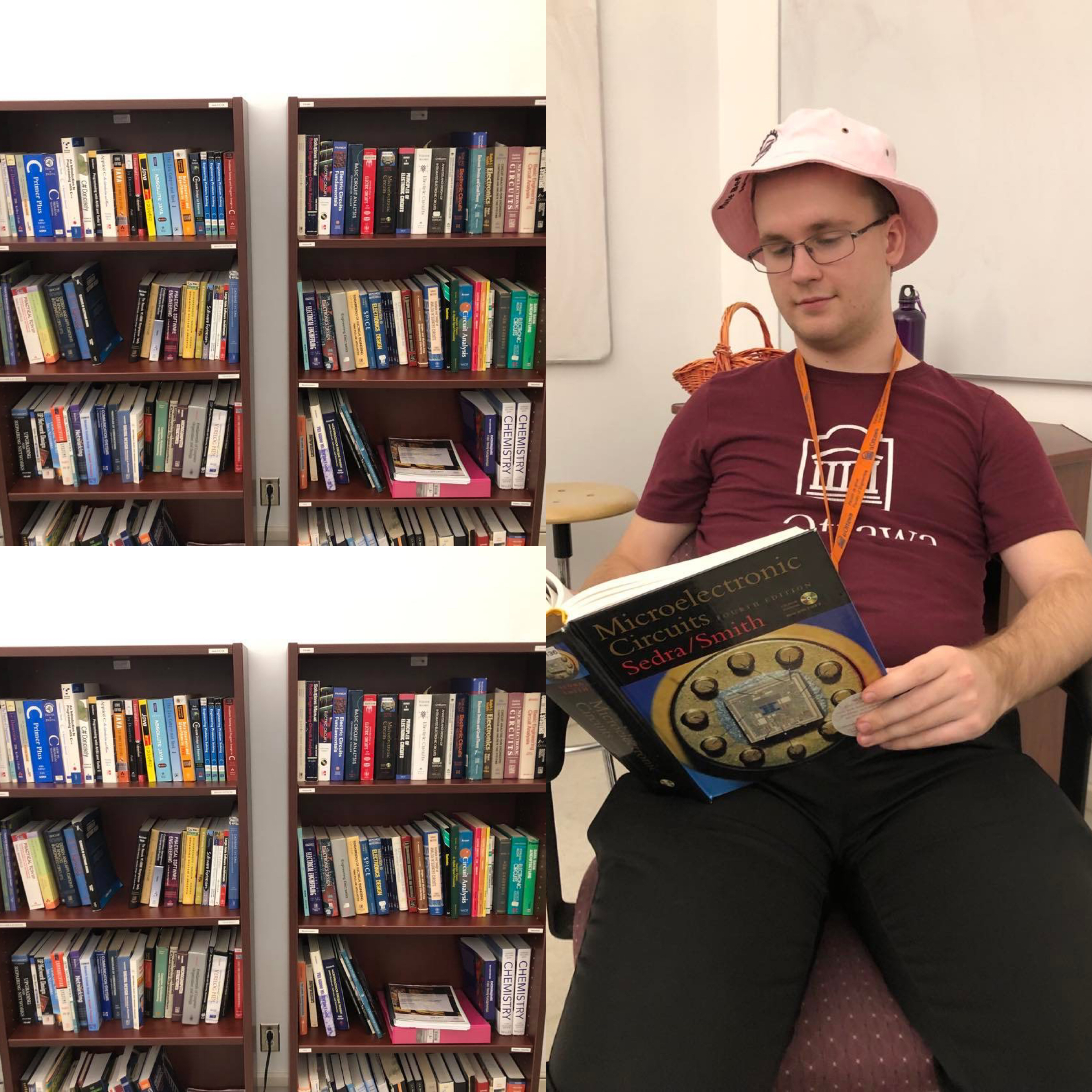 Collage of 3 pictures showing library and someone enjoying a textbook read